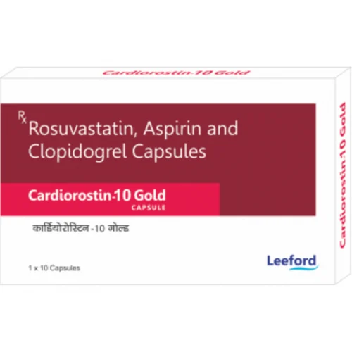 10 mg Cardiorostin-10 Gold Rosuvastatin, Aspirin and Clopidogrel Capsules - Available in India